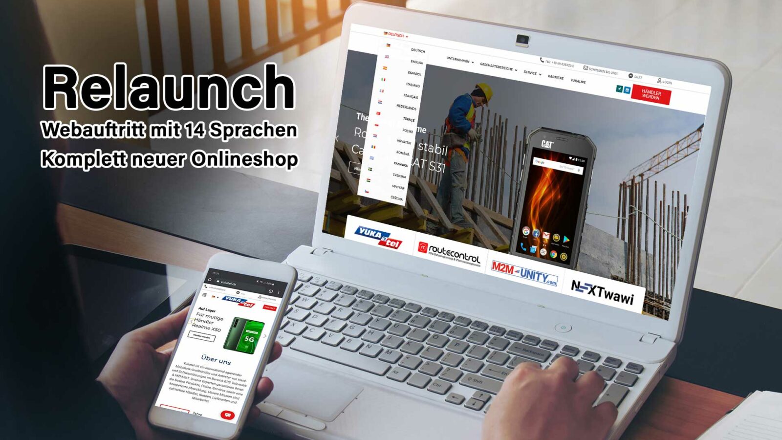 Relaunch einer Website mit Onlineshop, 14 Sprachen, auf Laptop und Smartphone dargestellt.
