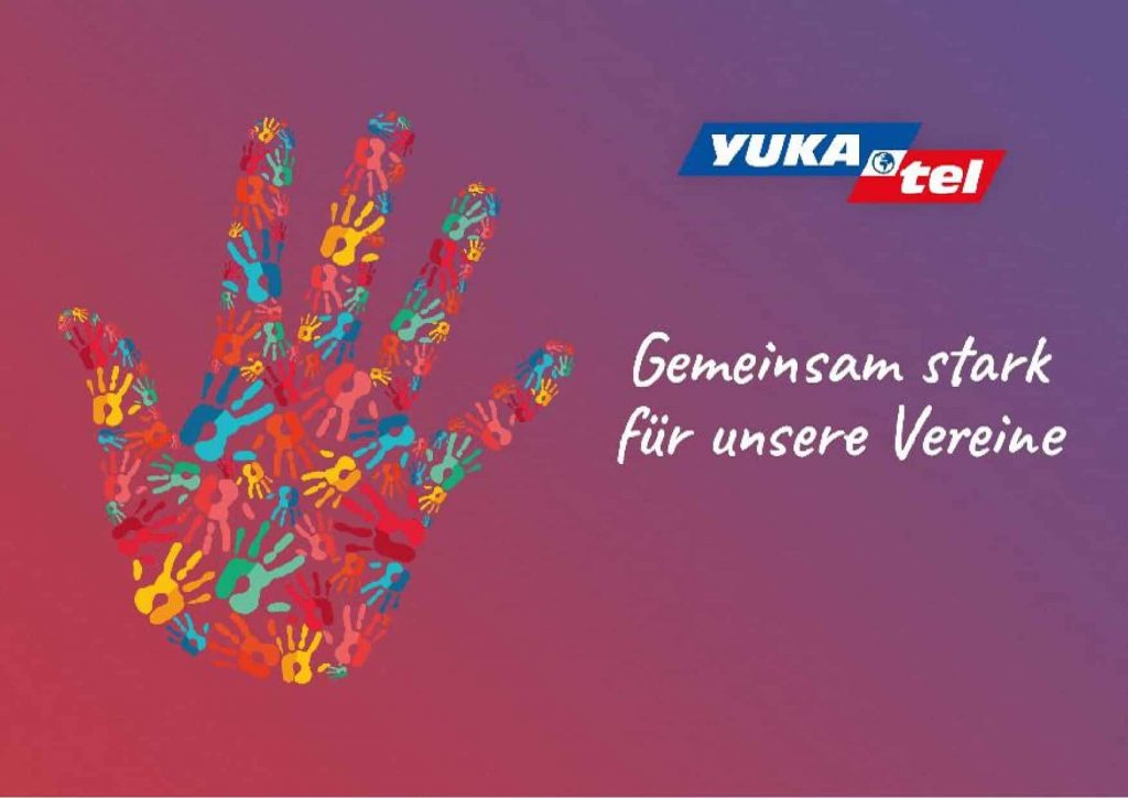 Bunte Handabdrücke und Text Gemeinsam stark für unsere Vereine auf lila Hintergrund, Yukatel-Logo oben.