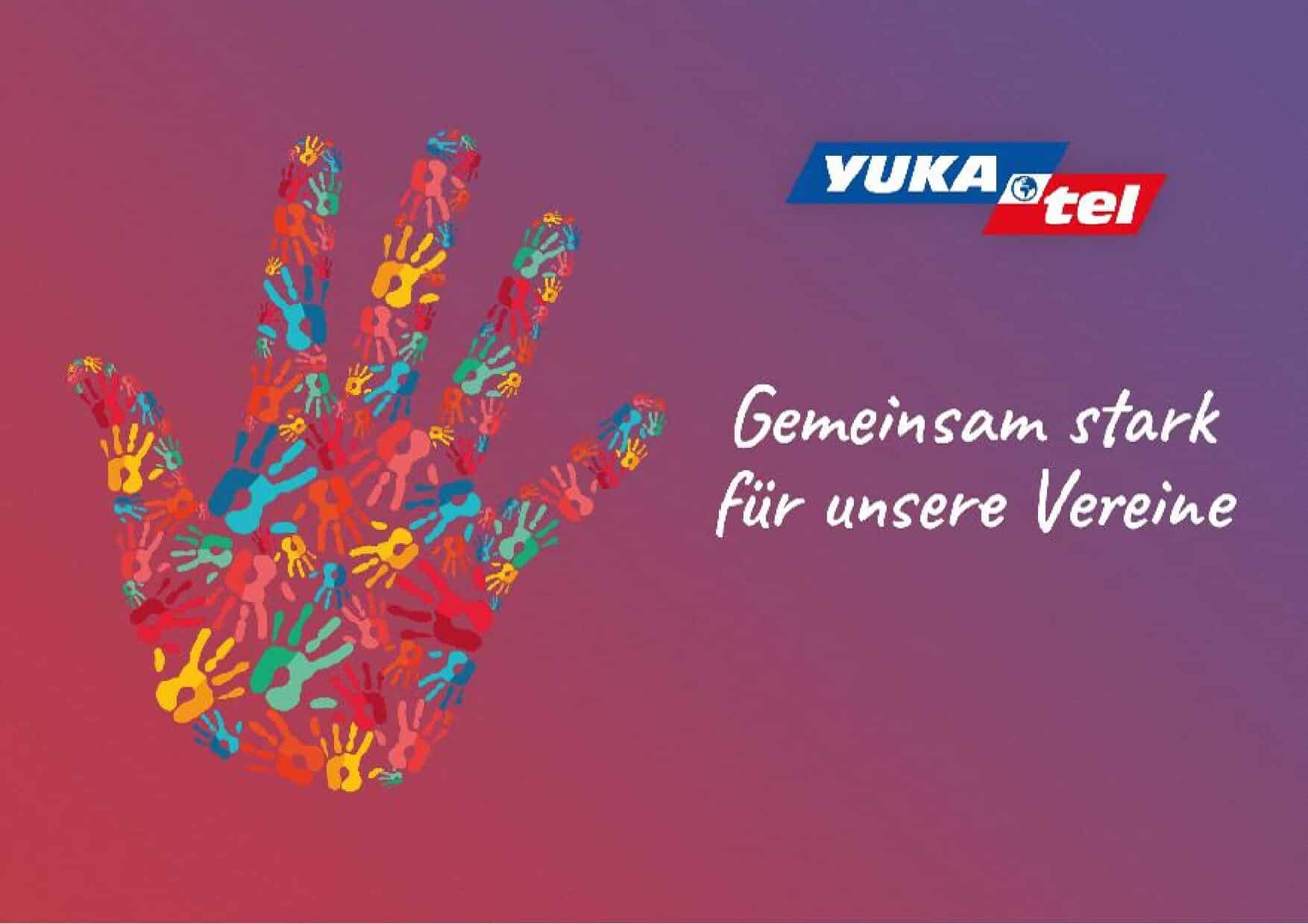 Bunte Handabdrücke und Text Gemeinsam stark für unsere Vereine auf lila Hintergrund, Yukatel-Logo oben.