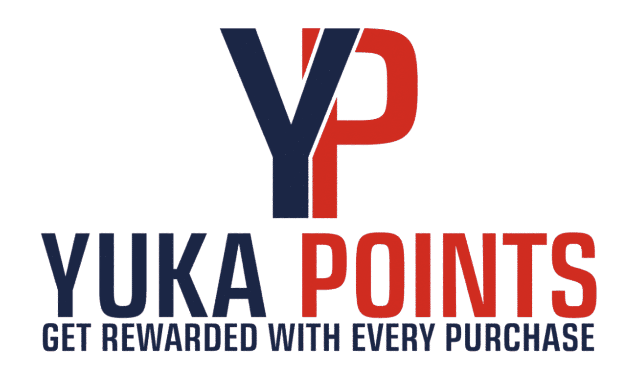 Logo von Yuka Points mit Text Get Rewarded with Every Purchase, in Blau und Rot gestaltet.