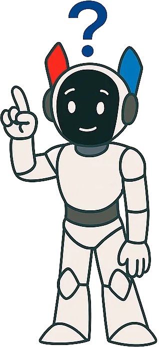 Ein weißer Roboter mit Fragezeichen gestikuliert fragend.