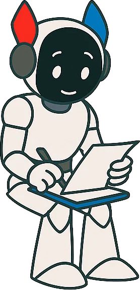 Ein fröhlicher Roboter zeichnet auf einem Notizblock und sitzt, mit farbigen Ohren.