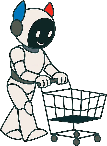 ```plaintext
Roboter mit Einkaufswagen, symbolisiert KI im Einzelhandel. Zukunftstechnologie im Einkauf.
```