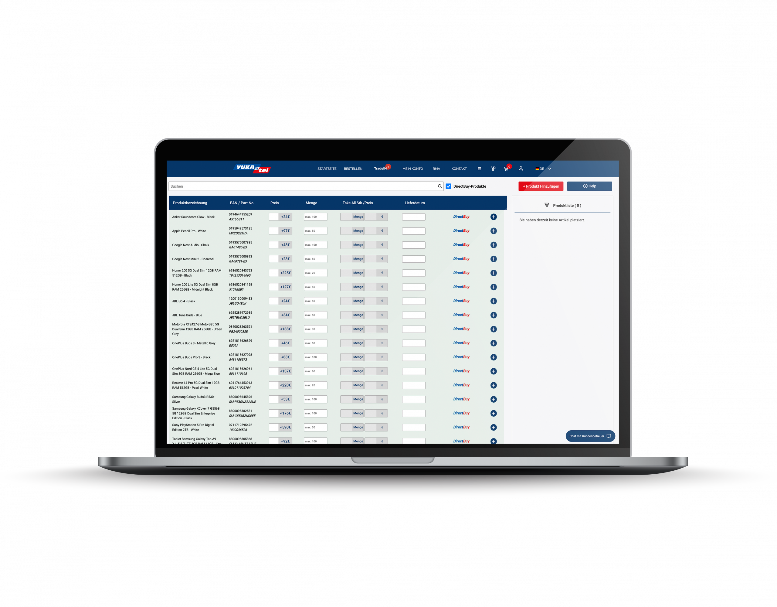 Laptop mit geöffneter Produktverwaltungsanwendung auf dem Bildschirm. Tabellenansicht mit Produktdetails.