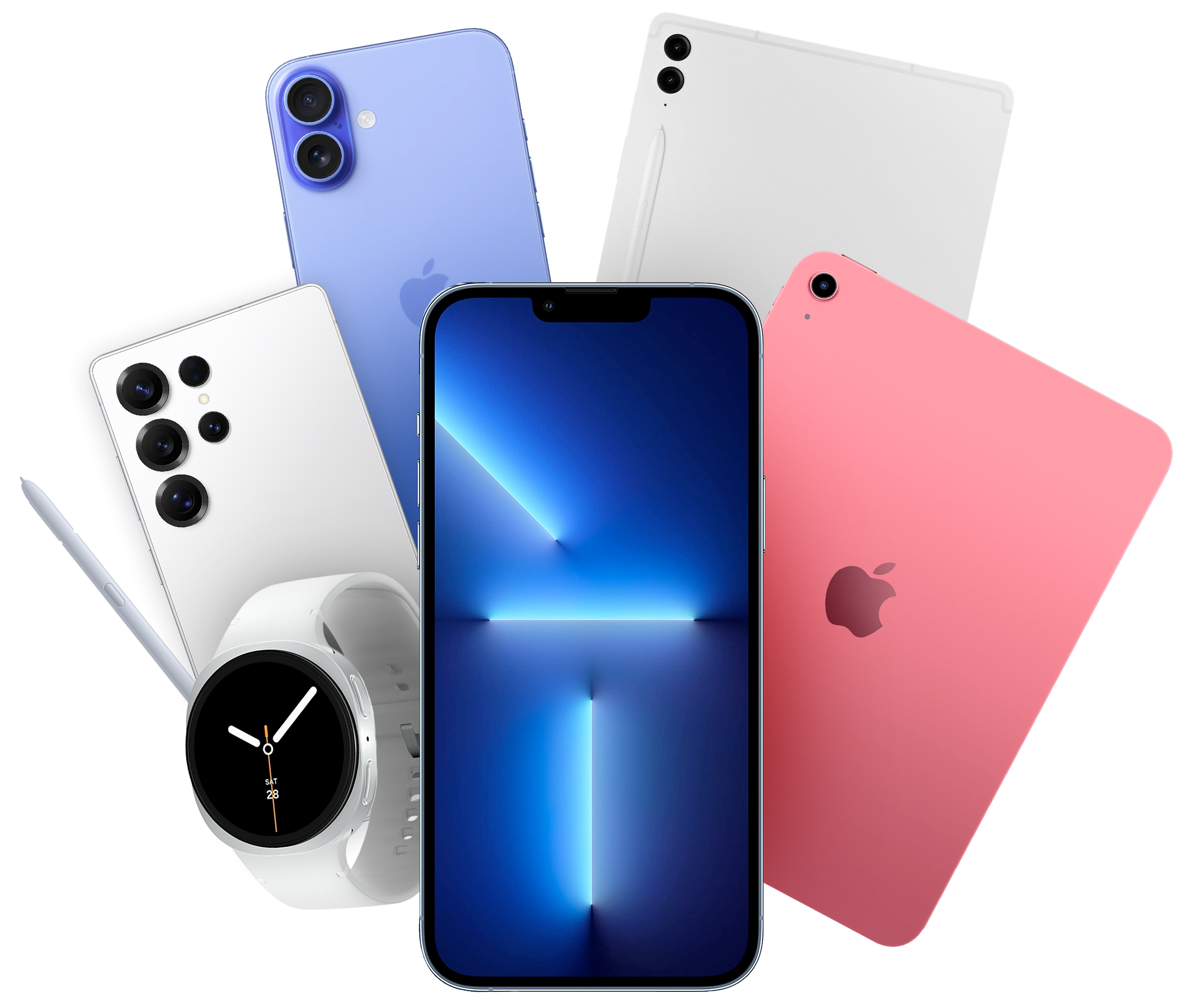 Verschiedene Apple-Produkte, darunter iPhones, iPads und eine Smartwatch, nebeneinander dargestellt.