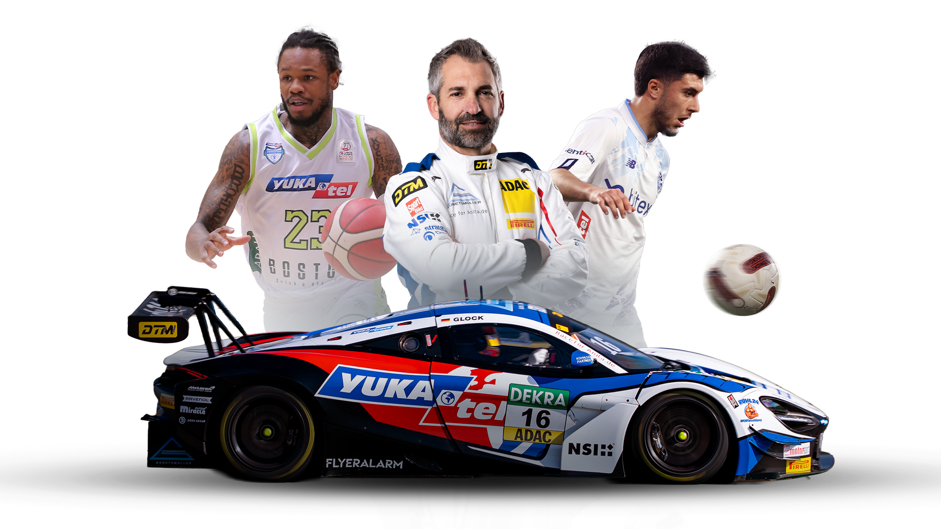 Basketballspieler, Rennfahrer und Fußballspieler mit Yuka-Logo und DTM-Auto vor schwarzem Hintergrund.