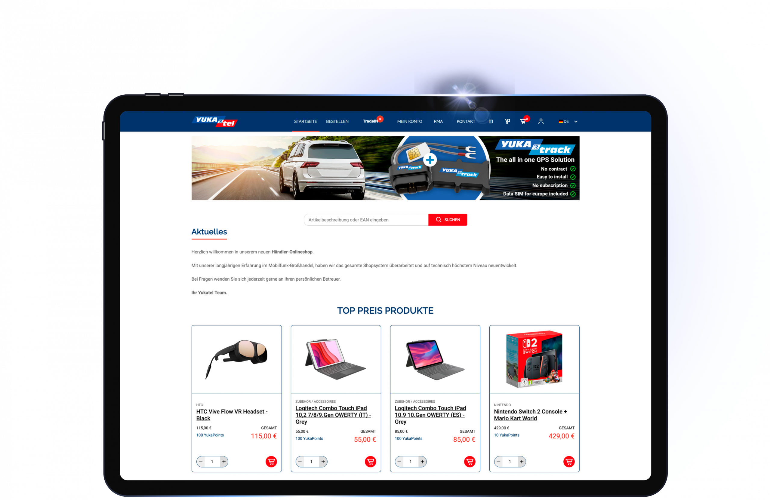 Yukatool Onlineshop-Startseite mit Top-Preis-Produkten: VR-Headset, iPad Tastatur und Nintendo Switch Bundle.