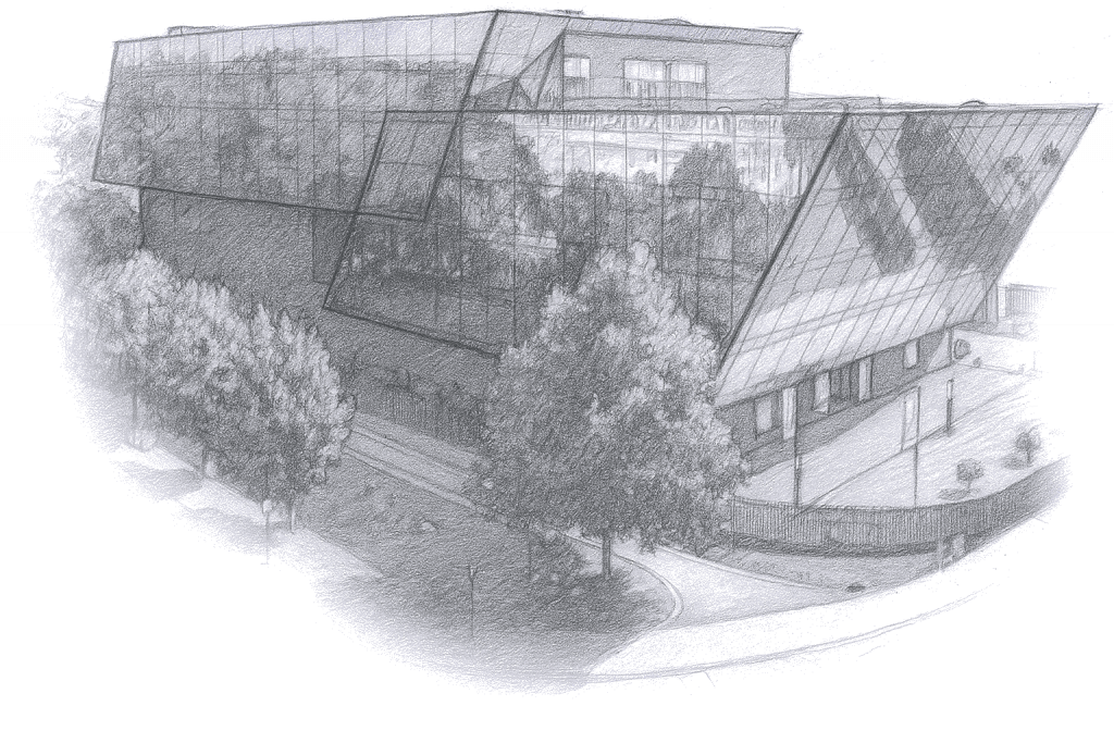 Moderne Architekturzeichnung eines Gebäudes mit Glasfassade und Bäumen im Vordergrund.