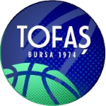 Tofaş Bursa 1974 Basketball-Logo auf blau-grünem Hintergrund.