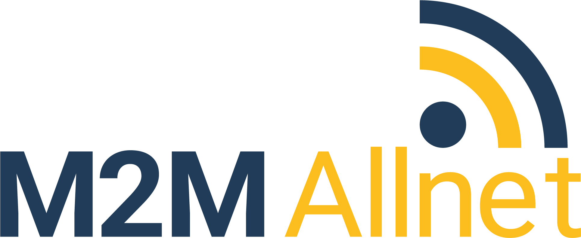 M2M Allnet Logo mit gelben und blauen Elementen, symbolisiert drahtlose Kommunikation und Netzwerktechnologie.