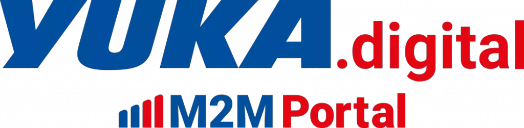 YUKA.digital M2M Portal Logo: Blau und Rot, mit einer Grafik, die auf digitale Vernetzung hinweist.