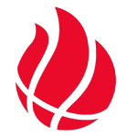 Rotes Flammen-Basketball-Logo, das Energie und Dynamik symbolisiert.