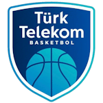 Türk Telekom Basketball-Logo: Blauer Schild mit stilisiertem Basketball und Teamname in Weiß.