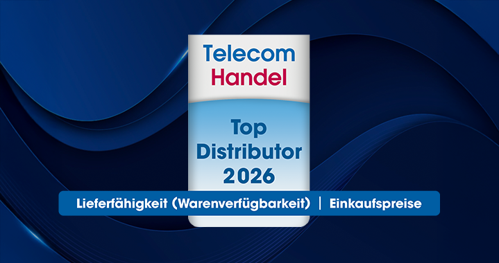 Auszeichnung Telecom Handel Top Distributor 2026 für Lieferfähigkeit und Einkaufspreise vor blauem Hintergrund.