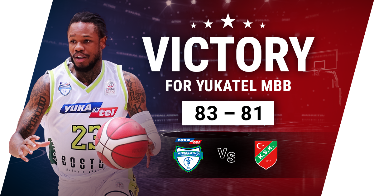 Basketballspieler beim Dribbling, Text: Sieg für Yukatel MBB, 83-81, Logos der Teams und Punktestand auf rotem Hintergrund.