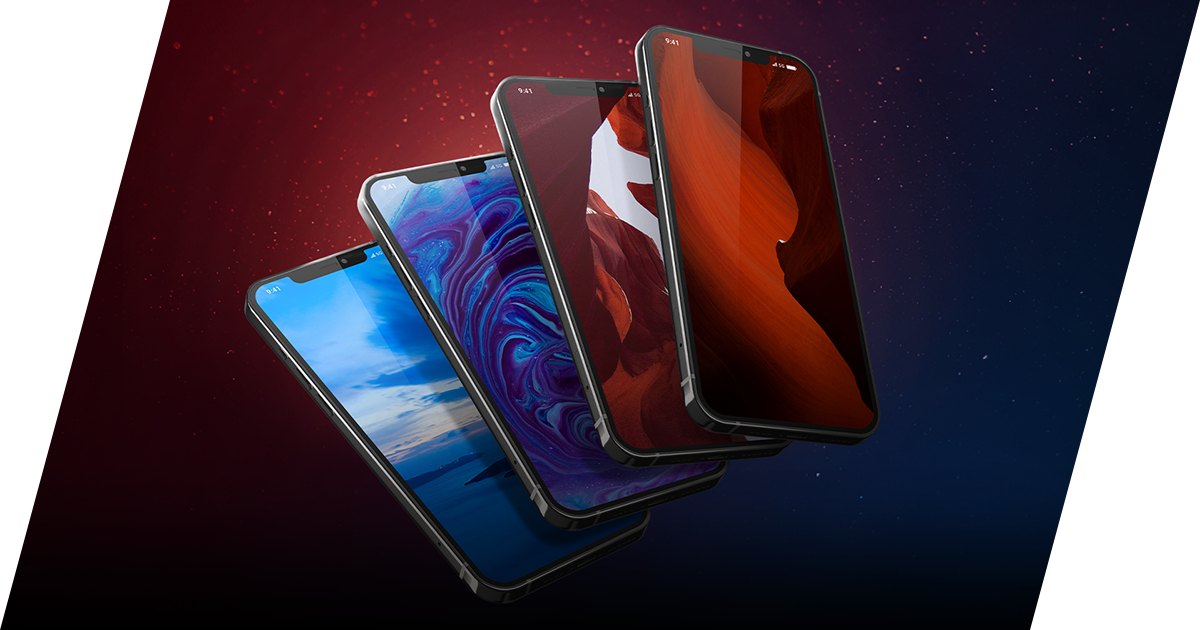 Vier moderne Smartphones mit verschiedenen Bildschirmhintergründen schweben vor einem kosmischen Hintergrund.